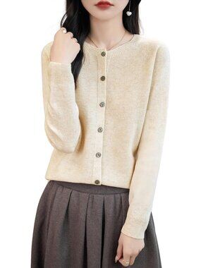 Beige Large Crewneck 100% Merino Wool Sweater - Seamless Long Sleeve Cardigan